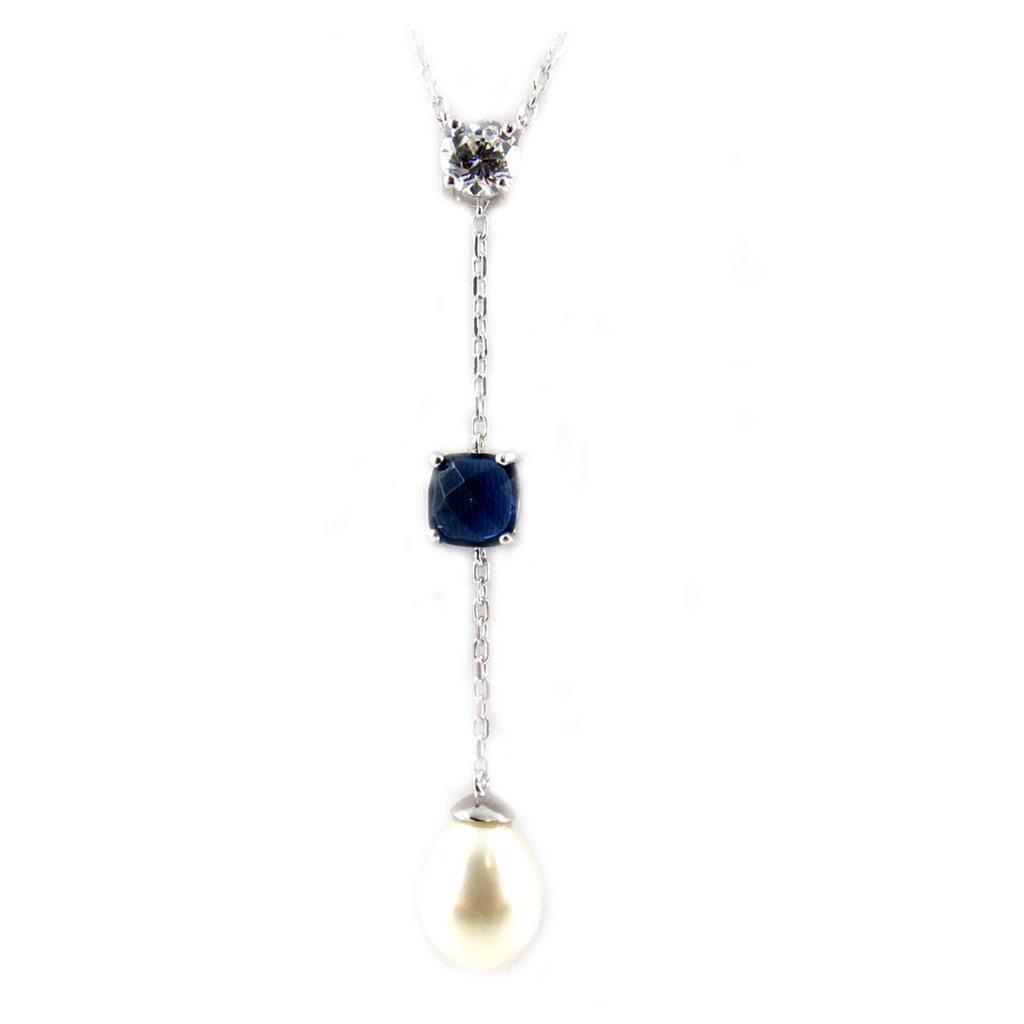 Les Trésors De Lily [L3911] - Silver Necklace 'Sissi' Ivory Sapphire (rhodium-plated) - 55x8 Mm