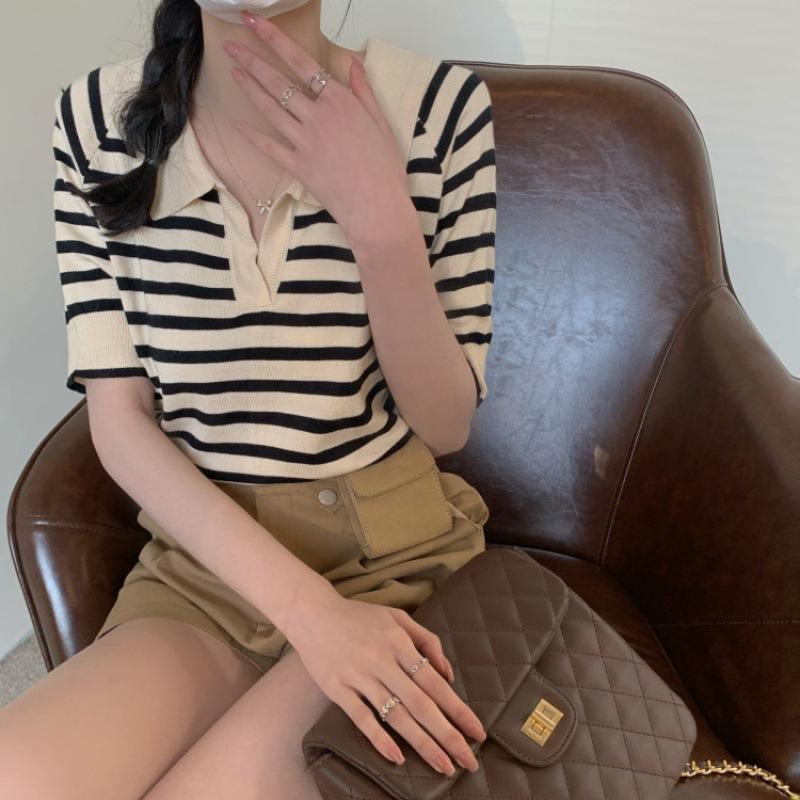 Ленивый Ветер Полосатый Пуловер с V-образным вырезом Женский Летний Сто Свободный Короткий Рукав Вязаная Рубашка Топы Повседневный Базовый Комфортный Стиль Приталенный Пуловер Футболки