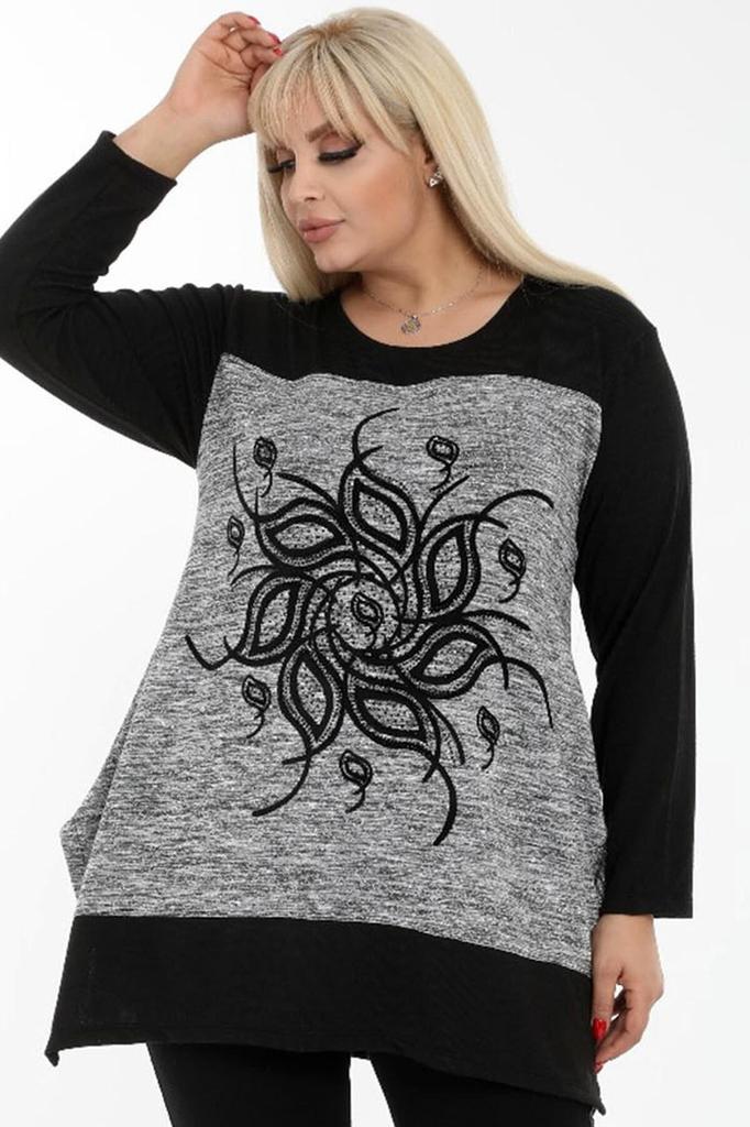 Женская блузка большого размера с круглым вырезом и цветочным мотивом, повседневная блузка с длинным рукавом и вышивкой камнями