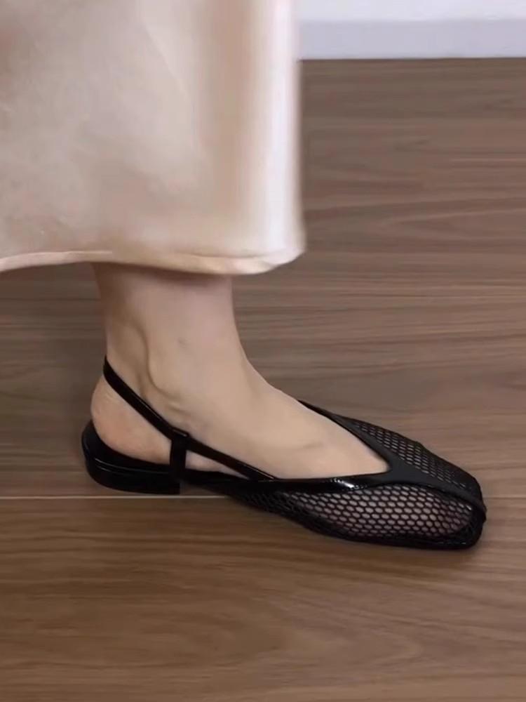 Sheepskin version~ Design sense little fairy mesh one-word buckle with bag head sandals square head low heel Mary Jane cool slippers