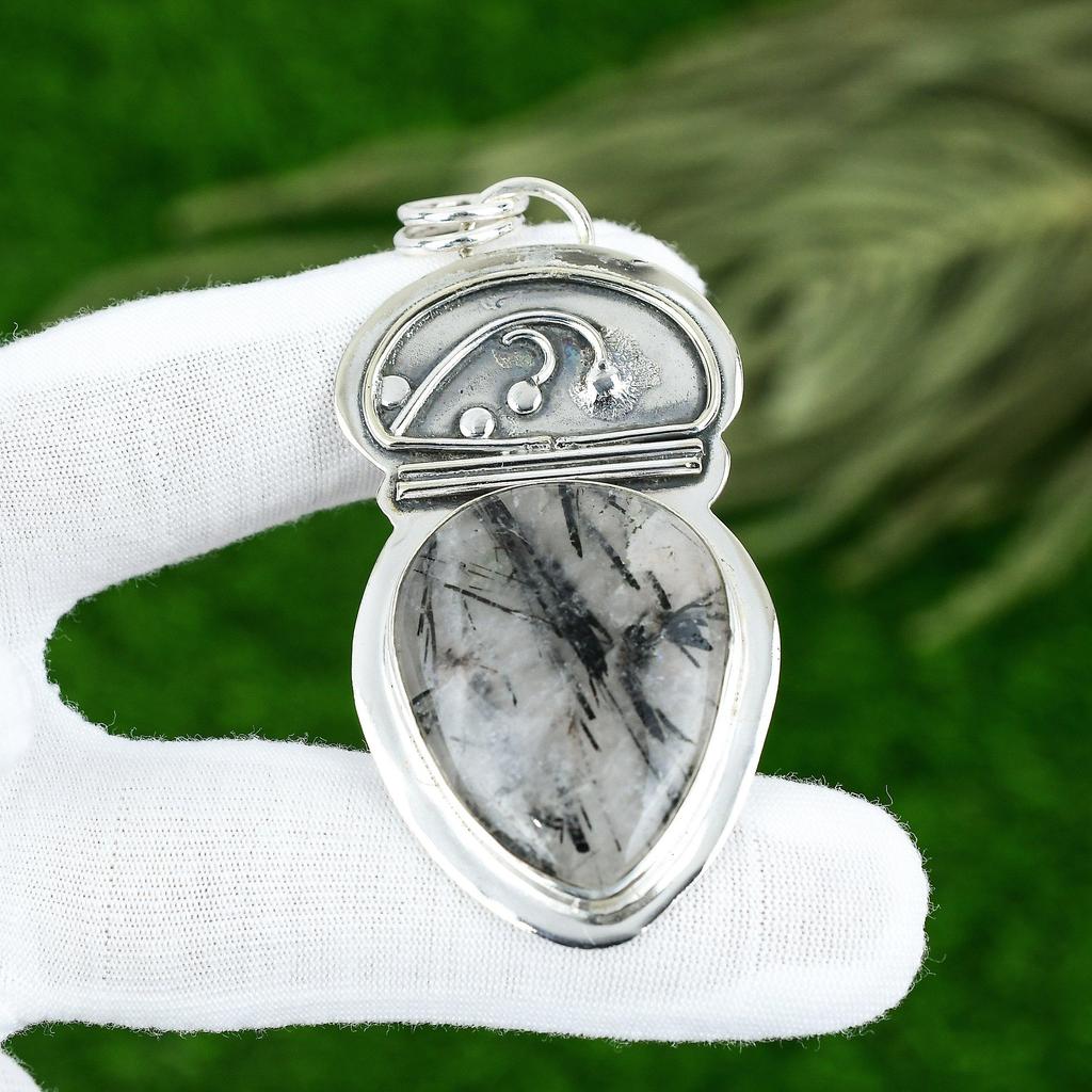 Sisters Day Deal 925 Sterling Silver Pear Black Rutile Gemstone Pendant Jewelry