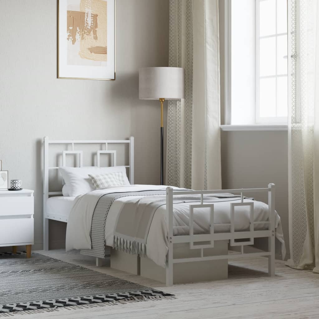 Metal Bed Frame with Headboard and Footboard White 75x190 cm