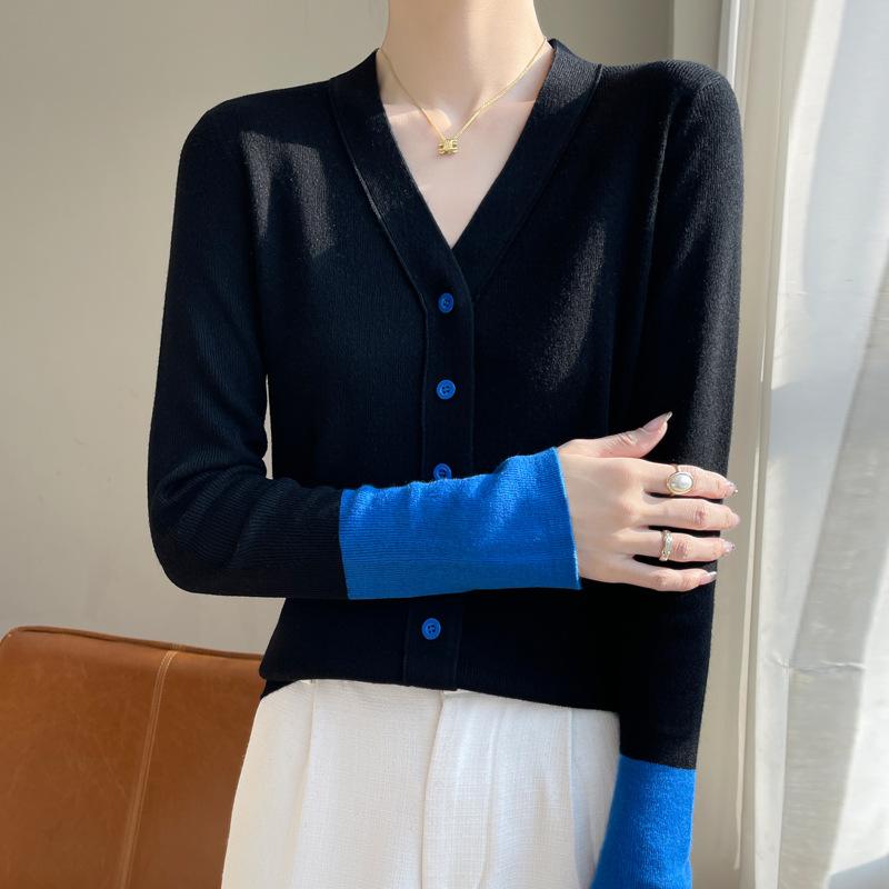 Весенне-осенняя женская вязаная куртка Полушерстяной свитер Свободный V-образный вырез Короткая лоскутная цветная застежка Верх Трикотажная куртка Кардиган