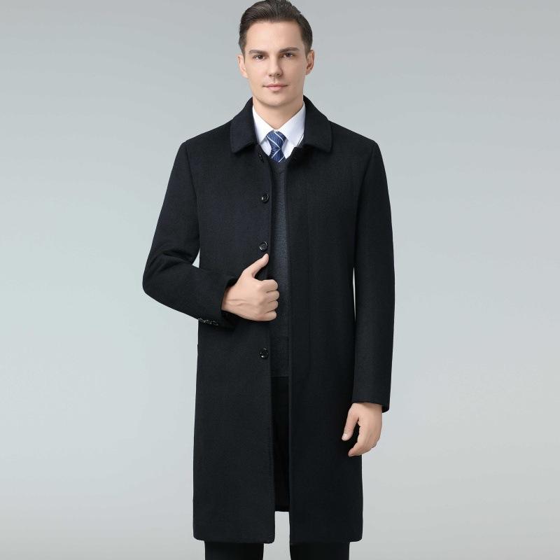 Cashmere Coat Men's Long Knee-length Woolen Down Lining Coat Middle-aged Dad Winter Coat Lapel Thickened Windbreaker