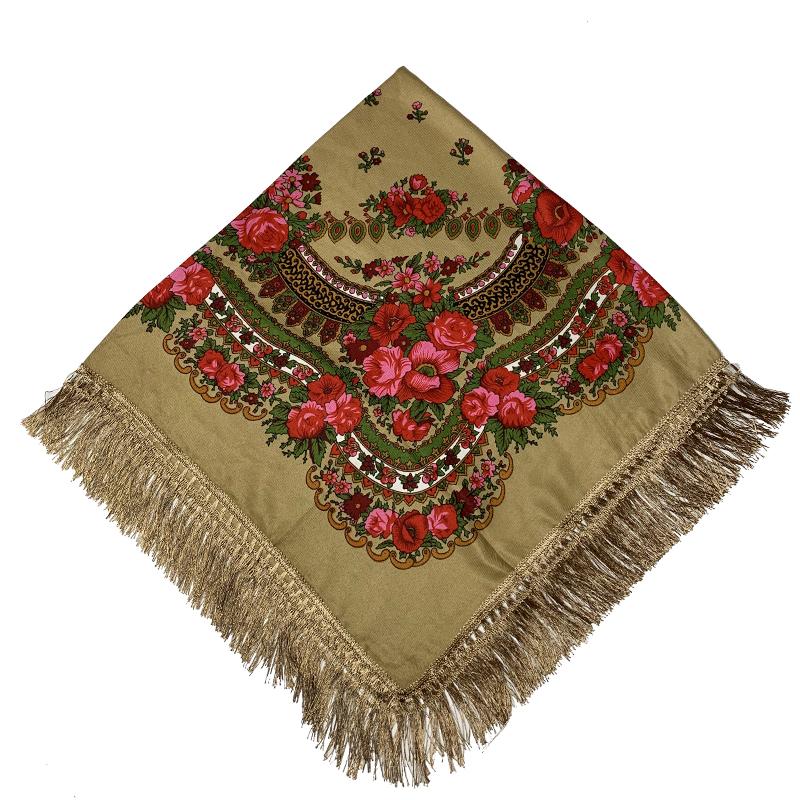 120*120см Ретро Цветочный Принт Большая Квадратная Бандана Русские Шали с Бахромой Женский Головной Платок бабушка Платки Этническая Пашмина
