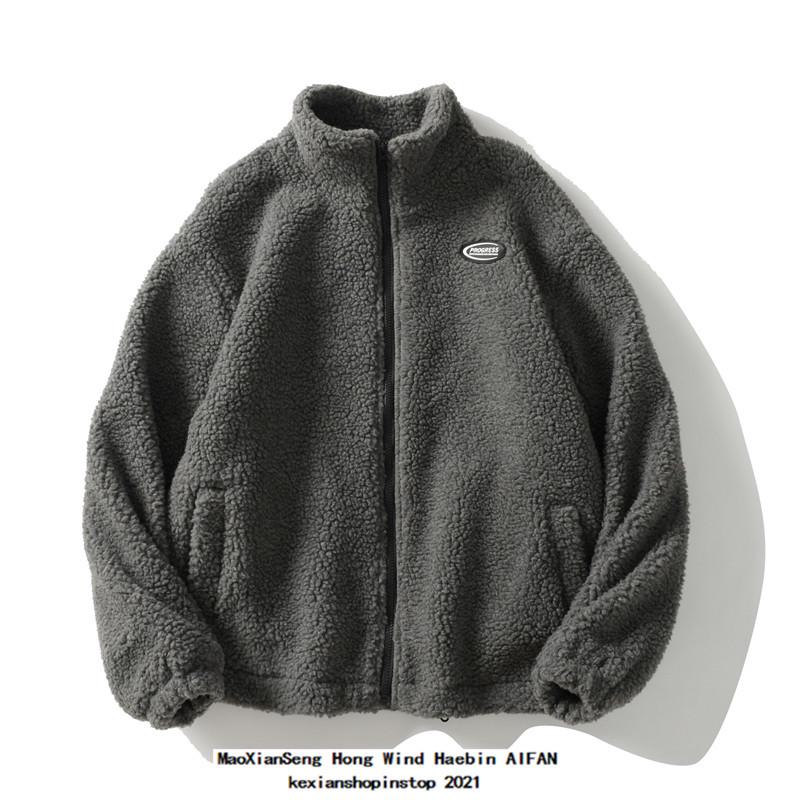 Пальто унисекс из шерсти ягненка с воротником-стойкой, осенне-зимнее, свободного кроя, утолщенный хлопок, однотонное