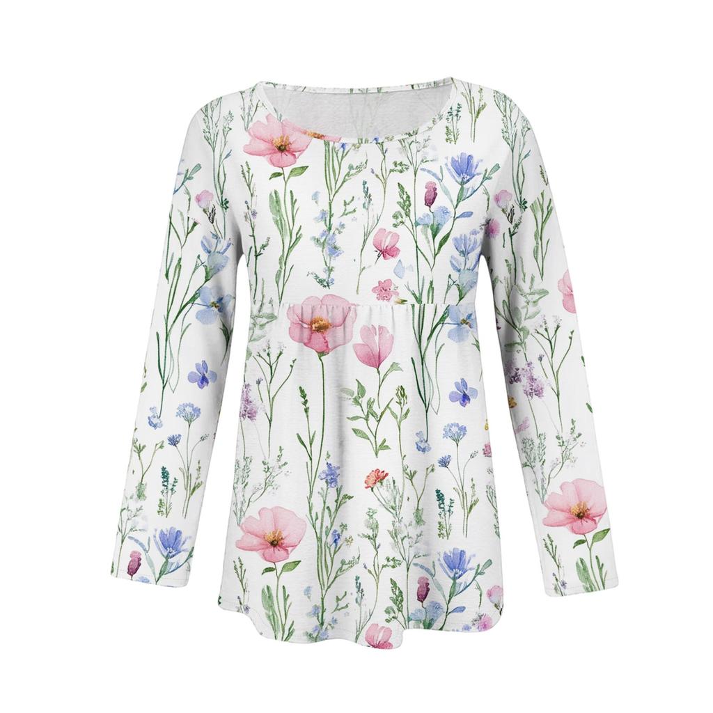 Women's Casual Fashion Loose Round Neck Floral Print Long Sleeve Top
