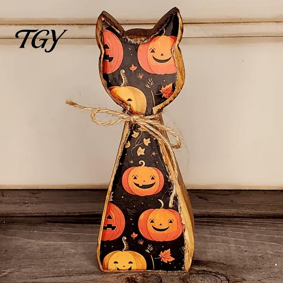Retro Farmhouse Shelf Display Rustic Wooden Cat Ornament, Vintage Halloween/Flower Wood Tabletop Signs, Witch Hat Decor Distressed Animal Figurines