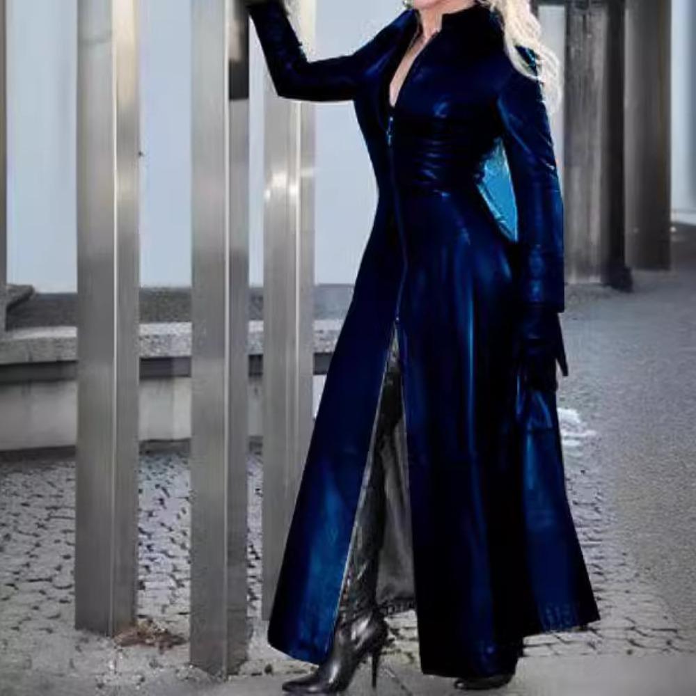 Женское макси-пальто с длинным рукавом из искусственной кожи, приталенное, на молнии, с V-образным вырезом, элегантное, для commuters, тренч, пальто на осень-зиму