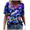 Fashion Spring  Seabed Print Blouses Short Sleeved V-Neck T Shirts Casual