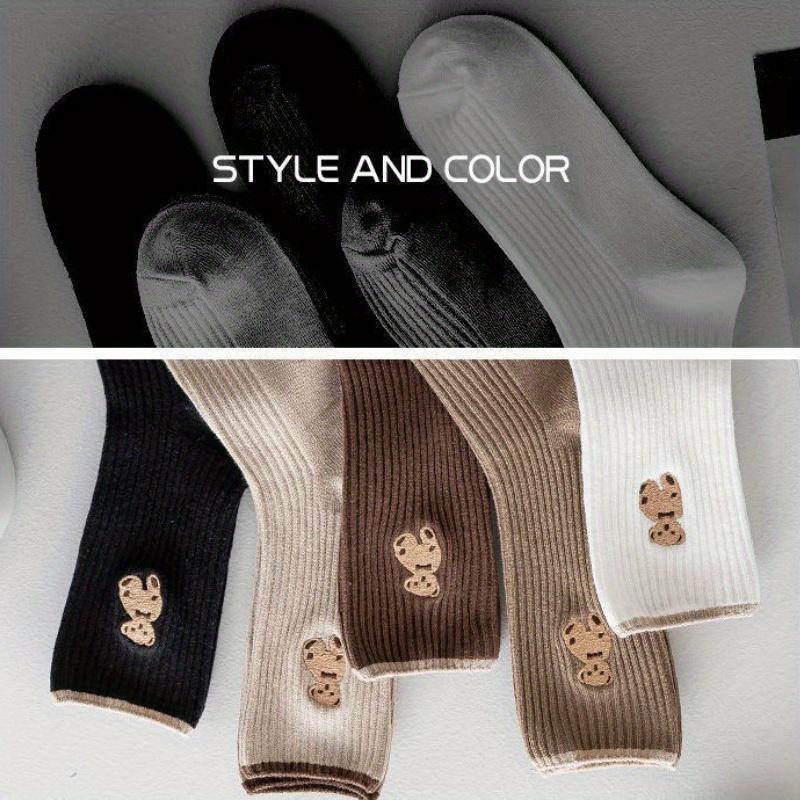 5 пар женских носков до середины икры - Милый мультяшный дизайн с медведем, Мягкий всесезонный комфорт, Кофейно-бежевый полосатый узор, Удобный материал носков