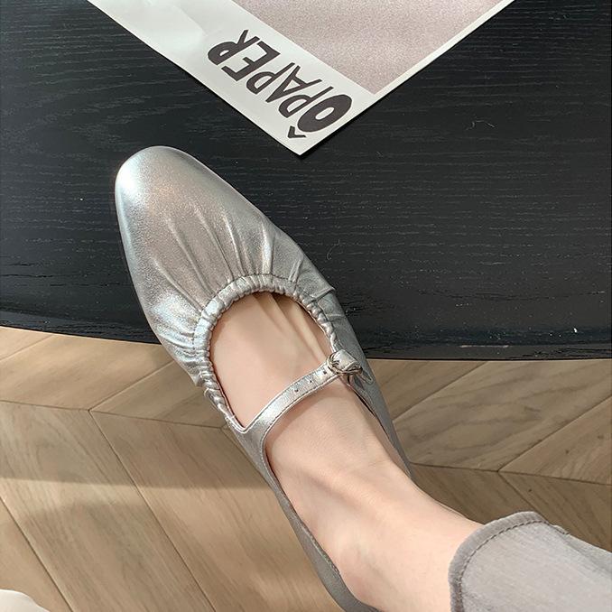 Sheepskin Version~ Premium Leather Shoes Versatile Silver Mary Jane Shoes Women's Shallow Mouth Single Shoes Beautiful Flat-bottomed Ladyshoes