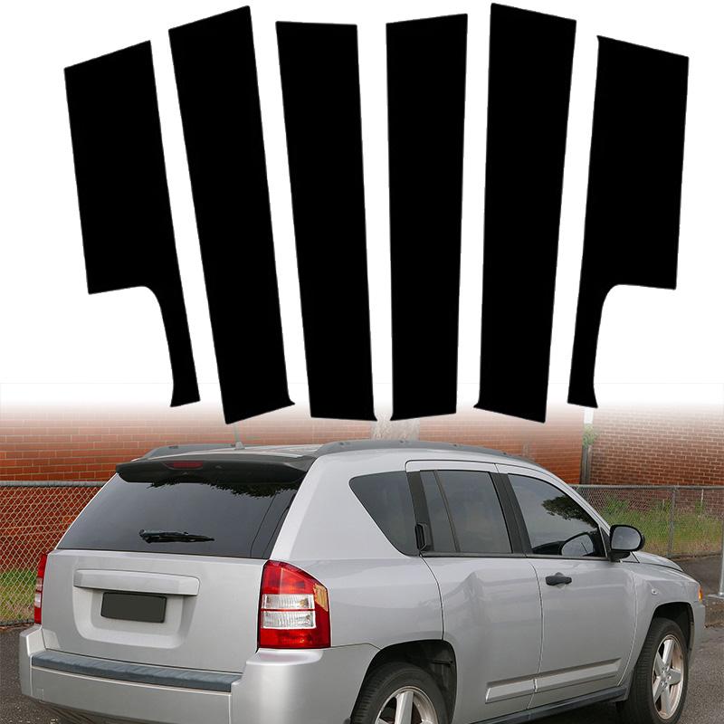 6Pcs Glossy Black Car Pillar Posts Stickers Fit For Jeep Compass 2007 2008 2009 2010-2017 Auto Door Window Exterior Trims