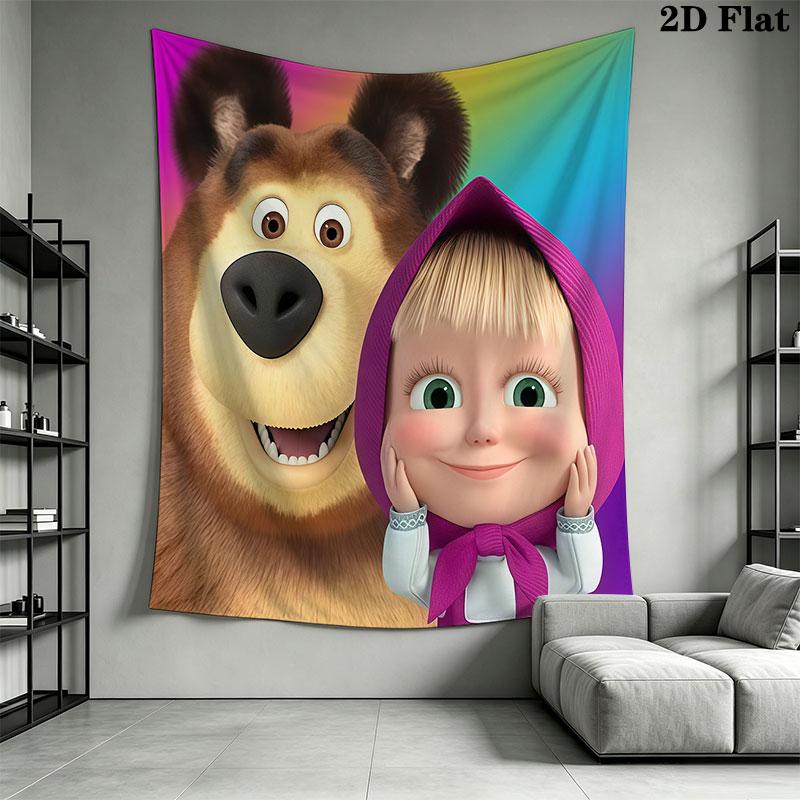 Masha & Bear Wall Hanging Printed Fabric Blanket Decorative Tapestries for Bedroom Living Room Home Decor