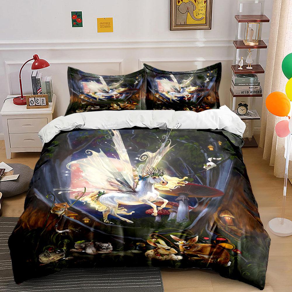 Winged unicorn and forest. Bedding sets Duvet cover sets Duvet covers Pillowcases(1 * Duvet Cover 2 * Pillowcases, without duvet insert)