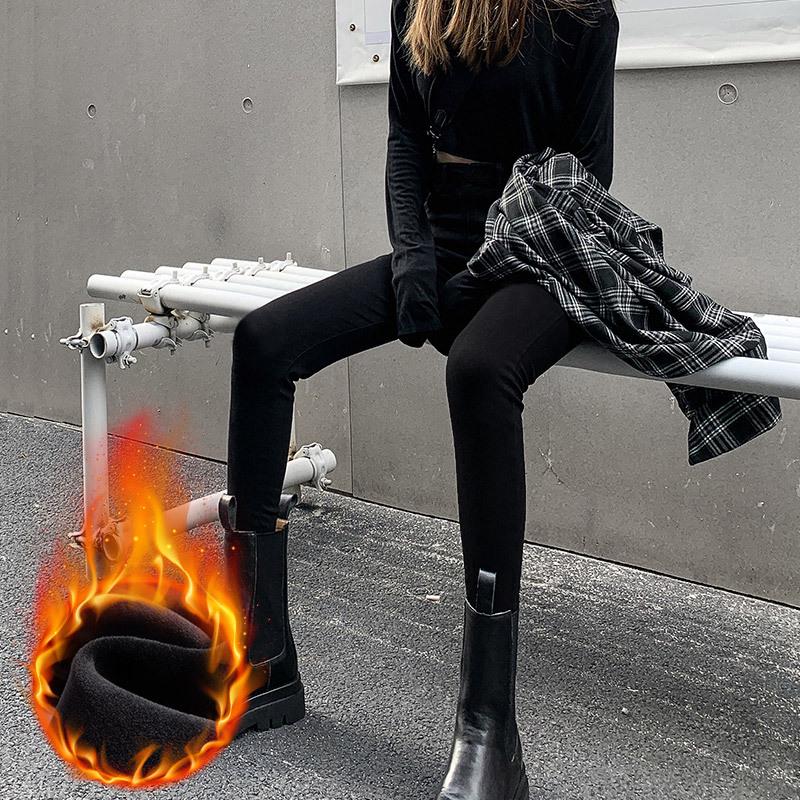 Джинсовые леггинсы большого размера с флисовой подкладкой и высокой талией для женщин - Весна/Осень Стройнящие Эластичные Скинни Брюки