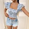 Женский европейский и американский INS летний топ с цветочным принтом, квадратным вырезом и облегающего кроя