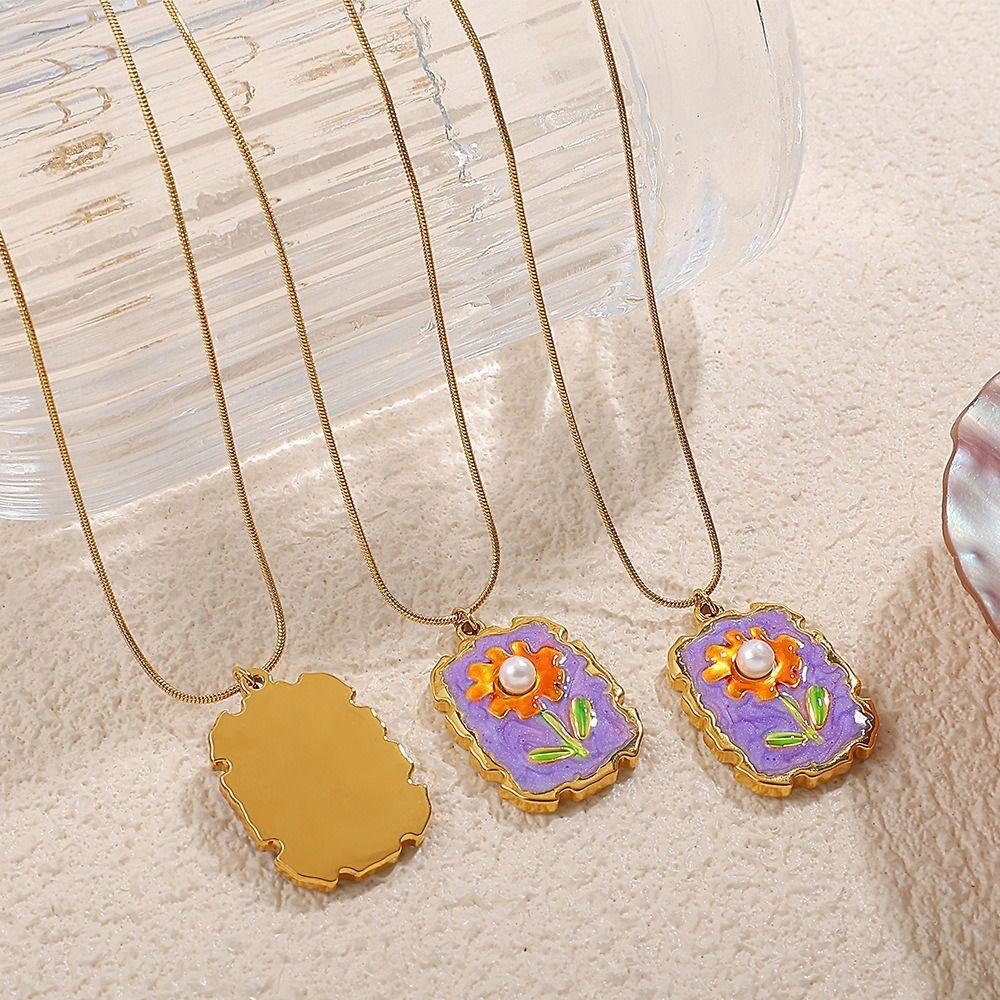 Dripping Oil Stainless Steel Chain Necklace Flower Clavicle Chain Sunflower Enamel Necklace Women