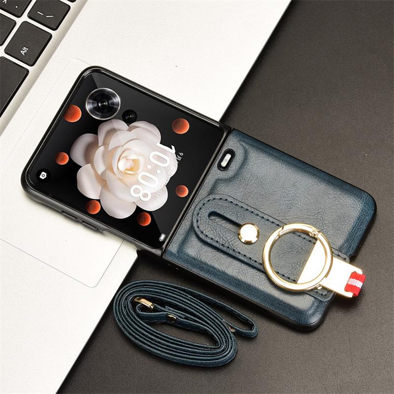 For Honor Magic V Flip Wrist Strap Ring Bracket Phone Holder Case For Honor Magic V Flip Leather style Case Drop-Resistant Cover