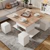 Coffee Table Adjustable, 3-in-1, with Storage, Convertible into Dining Table Work Table with Casters and 4 Stools, 100x50x48cm, White + Wood Tone