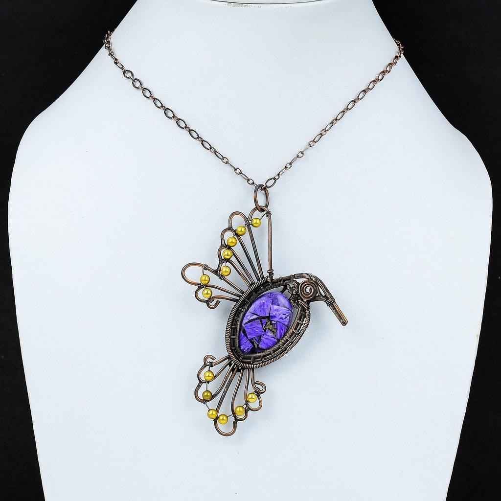 Медный кулон с чароитом Кулон, обернутый медной проволокой Украшения из натуральных драгоценных камней Кулон в виде птицы Кулон ручной работы Украшения из медной проволоки Свадебный подарок