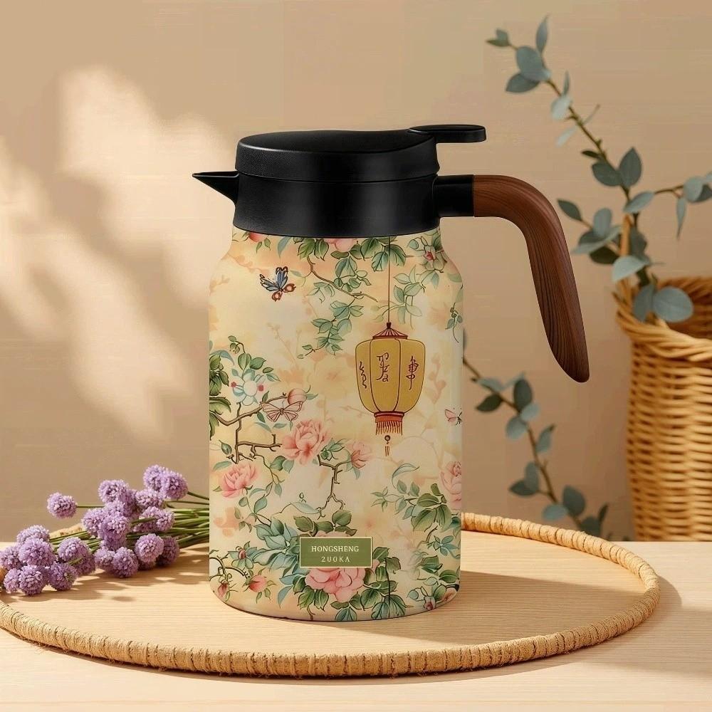 Chinese Style Retro Flower Insulated Kettle Hot Water Stainless Steel Vacuum Flask Vintage Floral Printing Water Cup for Outdoor