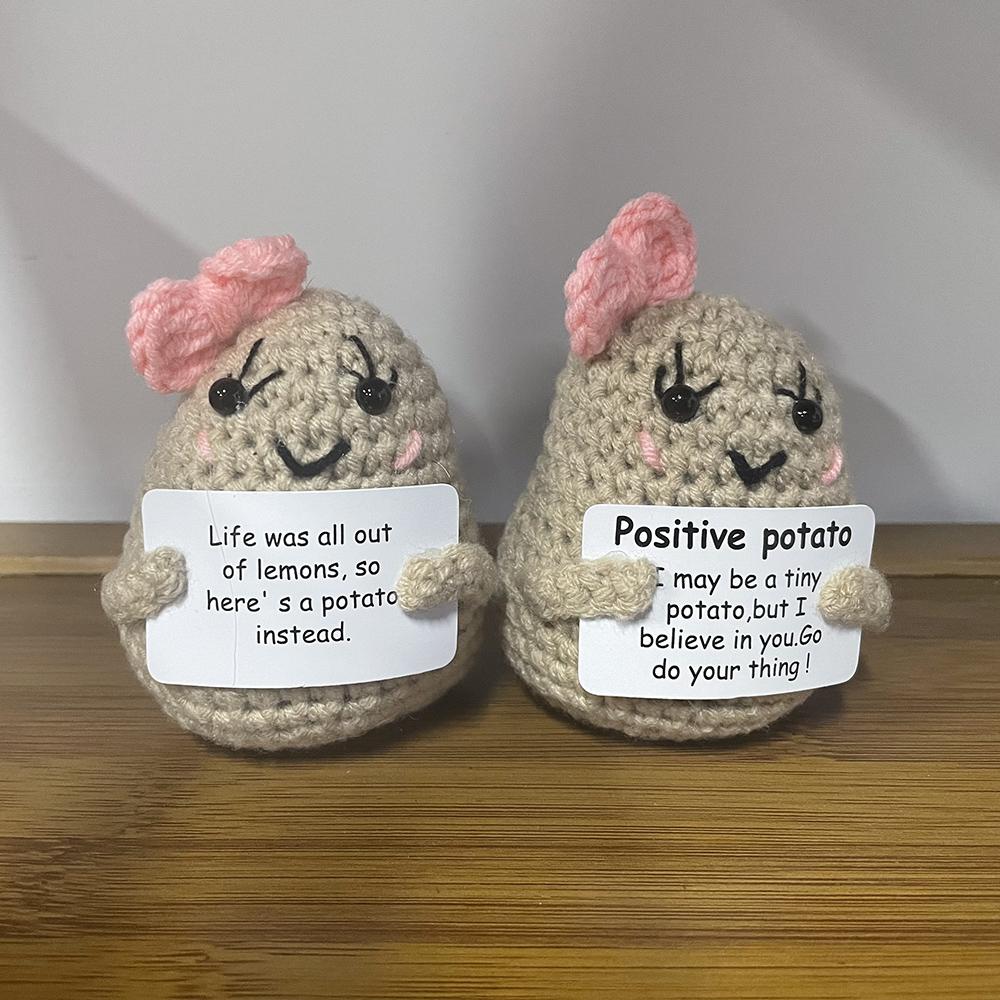 Positive Crochet Bowknot Potato Doll with Affirmation Card Home Room Decor Funny Handmade Big Butt Potato Doll Christmas Gifts