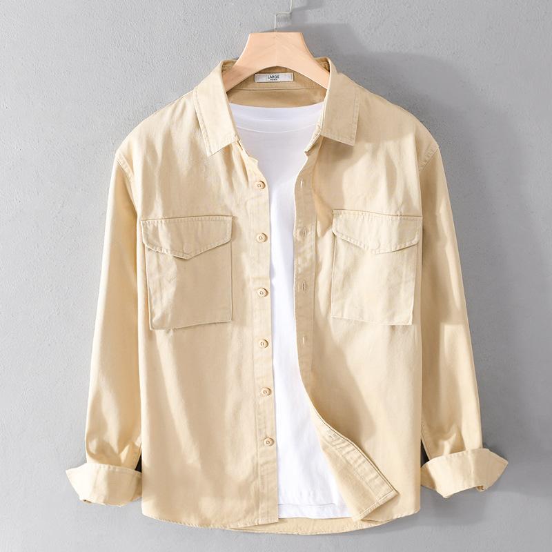 Весенне-летняя рубашка с длинным рукавом для мужчин в корейском стиле, рабочая одежда, мужская верхняя одежда в уличном стиле, приталенная рубашка с двумя карманами, зеленая хлопковая рубашка