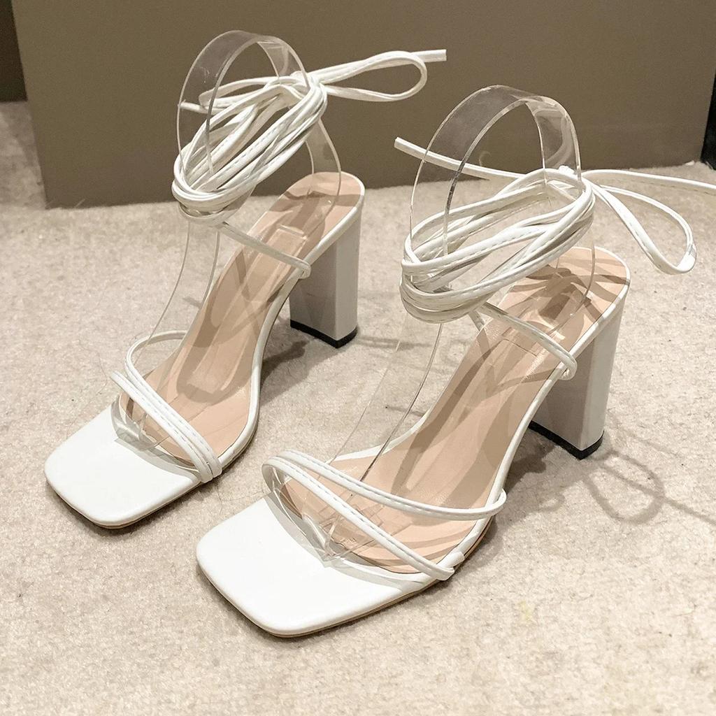 Fashion Woman Black Ankle Strap Sandals Woman Leather Pu Cross-Tied High Heels Shoes Sexy Lace Up Party Pumps Shoes Plus Size 43