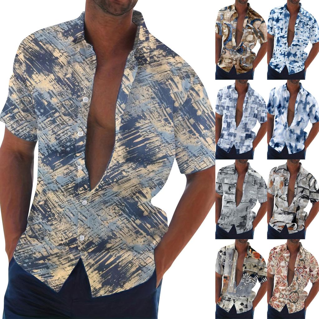 Men's Summer New Loose Print Short Sleeve Shirt Cardigan Beach Shirt
