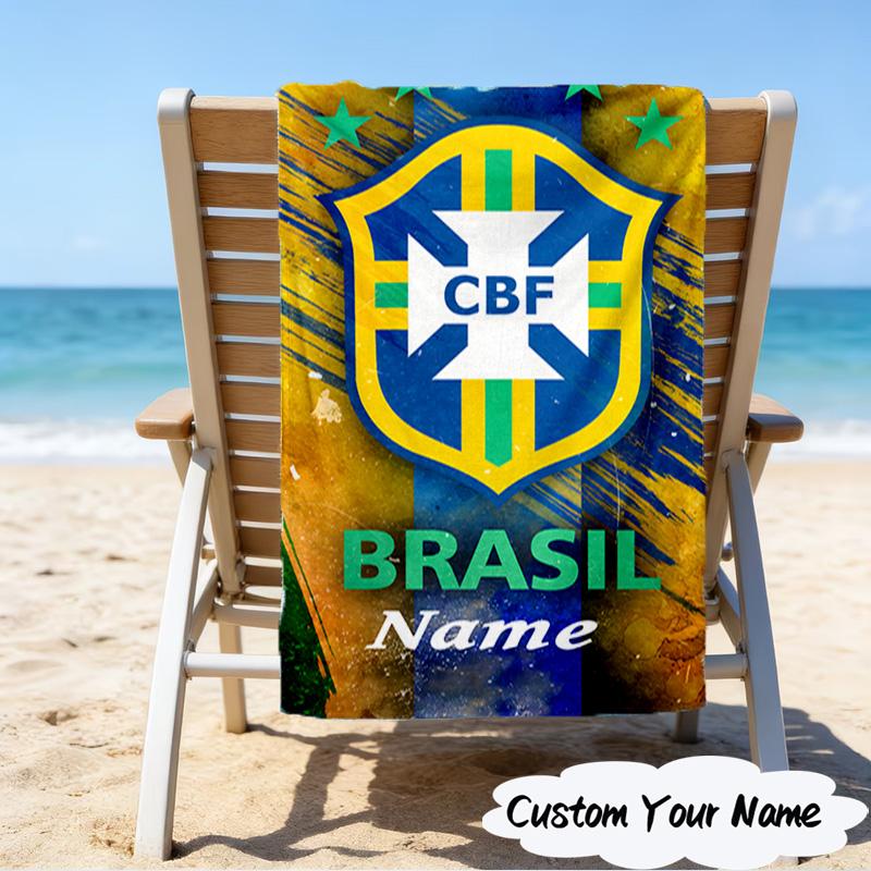 Custom Name Beach Towel Brazilian Football Championship Beach Towel, Suitable for Camping, Travel, Beach Accessories, Super Absorbent, Family Gift