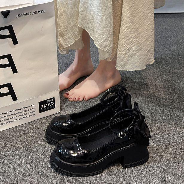 Женские туфли-лодочки 2025 весна и осень новые с бантом французские туфли на высоком толстом каблуке Мэри Джейн платформа маленькие кожаные туфли