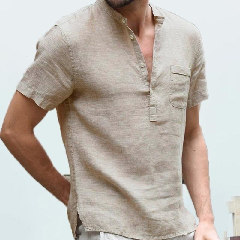 Men's Short Sleeve T-shirt Cotton Linen Casual Men T-shirt Solid Color Summer Shirt Male Cozy Breathable