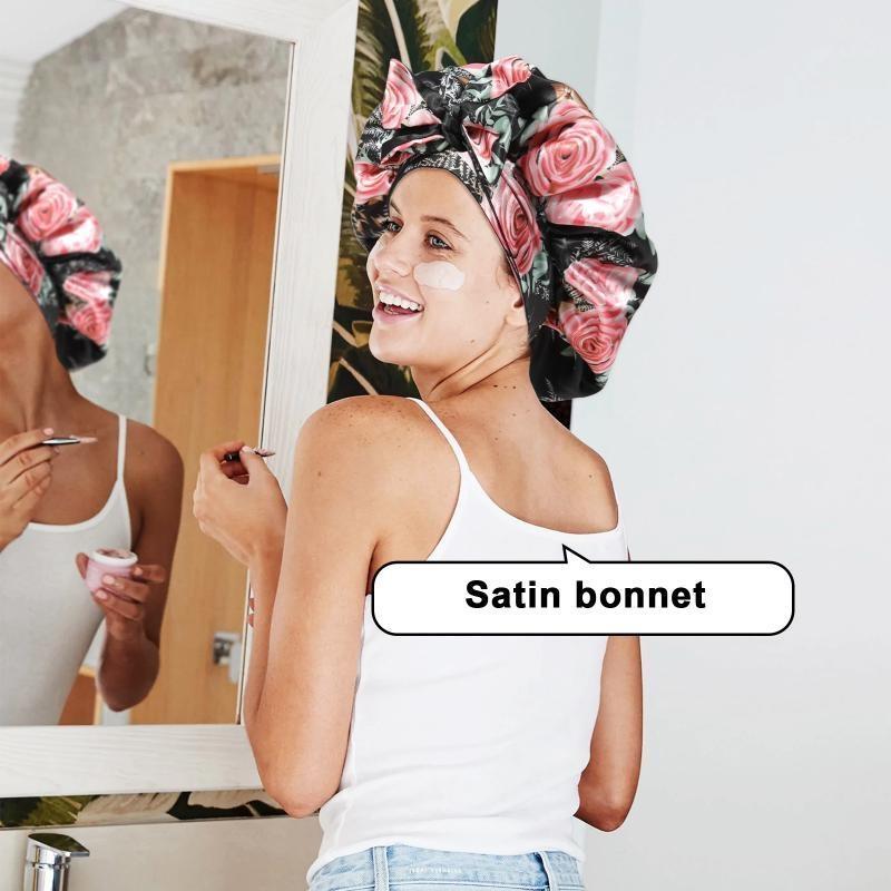 Двухслойная атласная шапочка для сна, нескользящая повязка для волос для женщин, ночная шапочка для длинных/вьющихся волос с эластичной завязкой