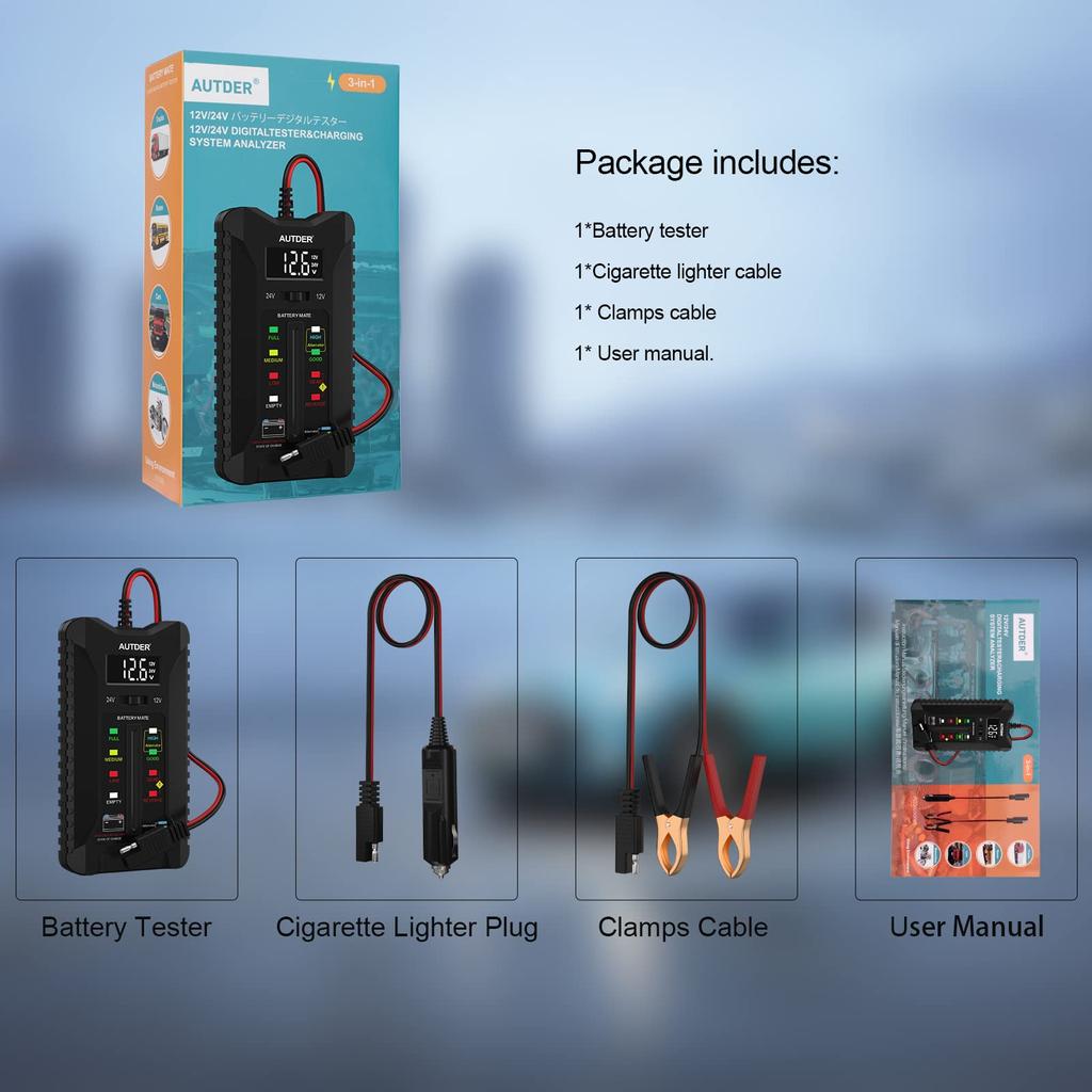 Цифровой тестер аккумуляторов, вольтметр, анализатор системы зарядки генератора переменного тока с ЖК-дисплеем, светодиодным дисплеем, зажимами, кабелем и кабелем прикуривателя