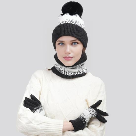 3Pcs/Set Winter Hat Scarf Gloves Set Plush Ball Decor Hat Thickened Plush Lining Neck Gaiter Touch Screen Gloves Set