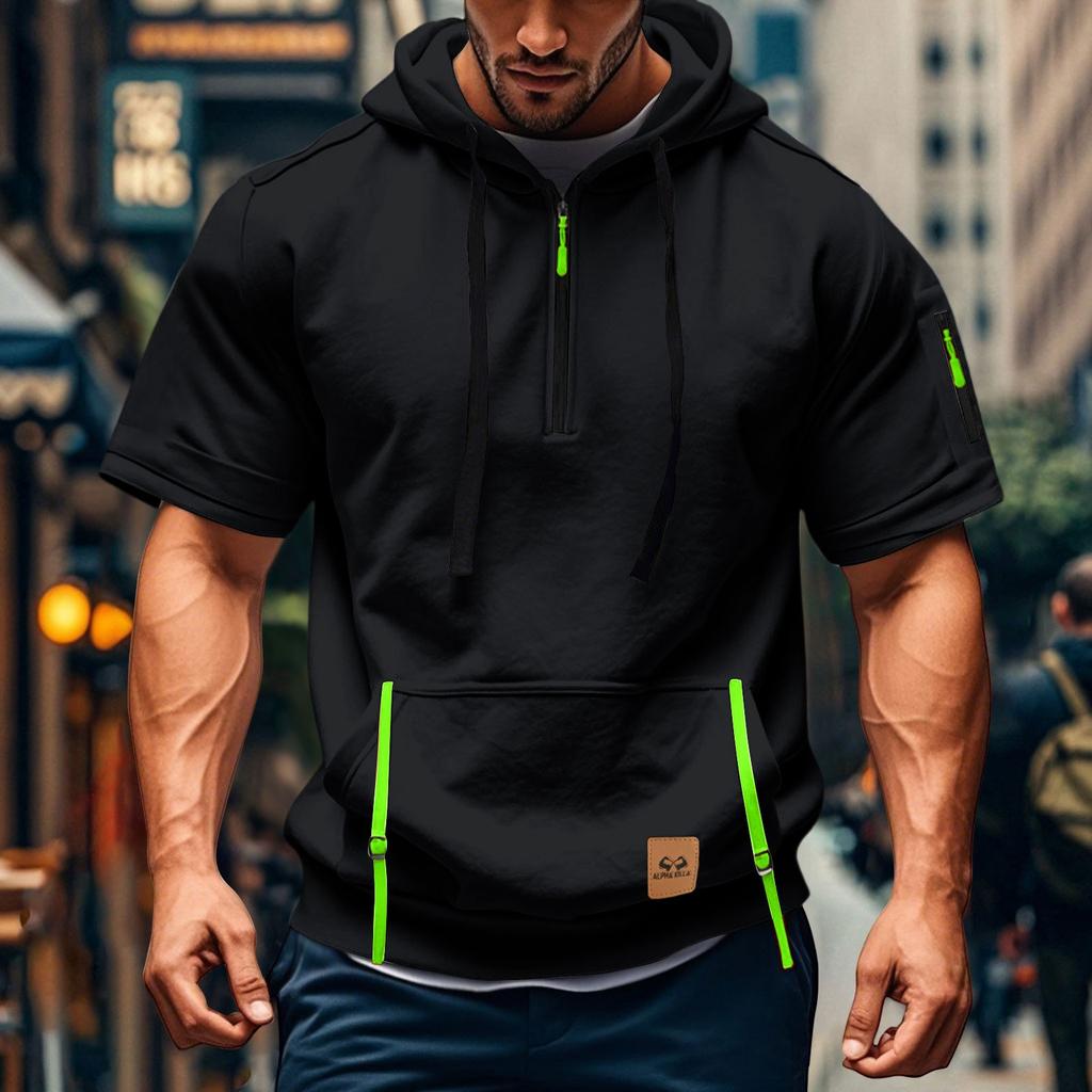 Men's Hoodie Casual Vintage Short Sleeve Workout Sweatshirt With 1/4 Zipper Pullover Active Hoodies