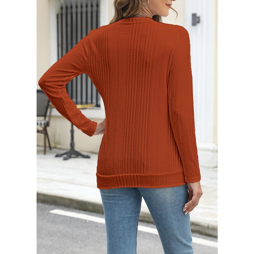 GMXIA Women's Autumn Winter Pit Strip Ground Solid Color Round Neck Button Long Sleeve T-shirt