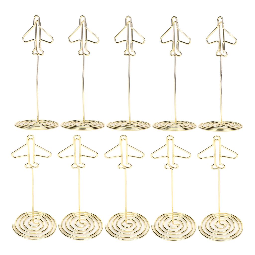 10Pcs Message Clip Desktop Metal Business Card Photo Golden Airplane Holder with Base