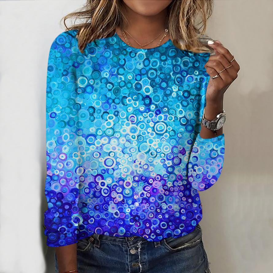 Tops For Women Gradient Water Droplets Print Round Neck Long Sleeve T-shirt Fall Casual Slim Pullover Women's Long Sleeve Top