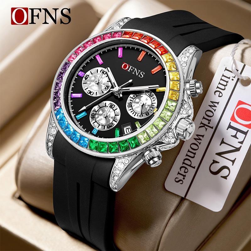 Rainbow Diamond Chronograph Men's Watch Six Pin Quartz Movement Waterproof Calendar Night Light Luxury Men's Watch
