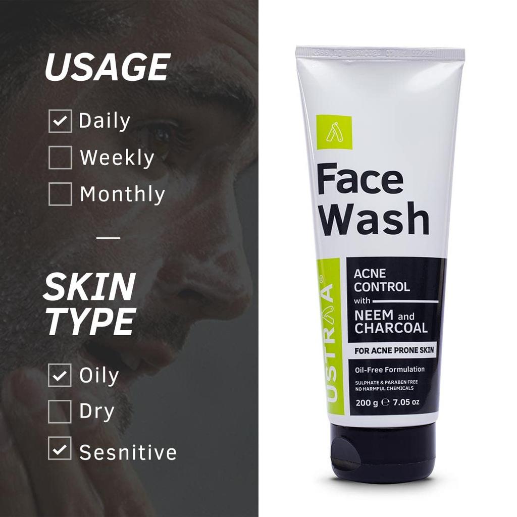 Ustraa Face Wash Acne Control - With Neem & Charcoal Face Wash - 200g - Oil Control, Prevents Acne, Especially for Oily Skin, No Sulphate, No Paraben