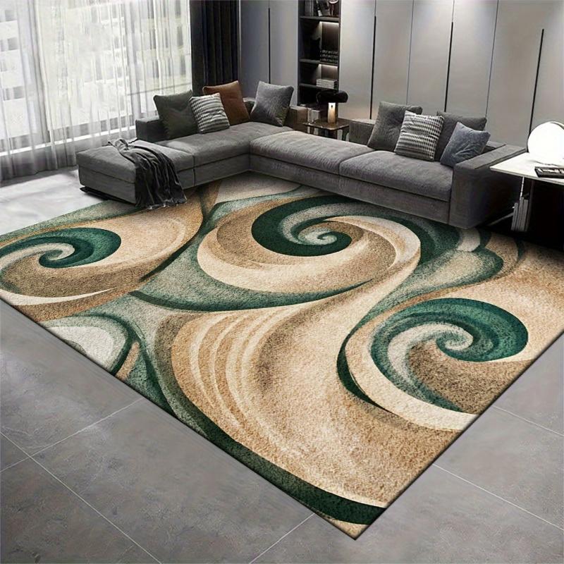 VIKAMA Modern Swirl Art Area Rug, Non-Slip Washable Abstract Carpet, Green & Beige Spiral Print Floor Mat for Living Room Bedroo
