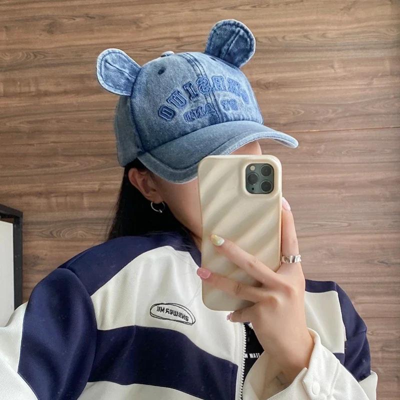 Корейские бейсболки из ретро-джинса для мужчин и женщин, подходят для 4 сезонов, милые и сладкие вышитые хип-хоп-шляпы с медвежьими ушками