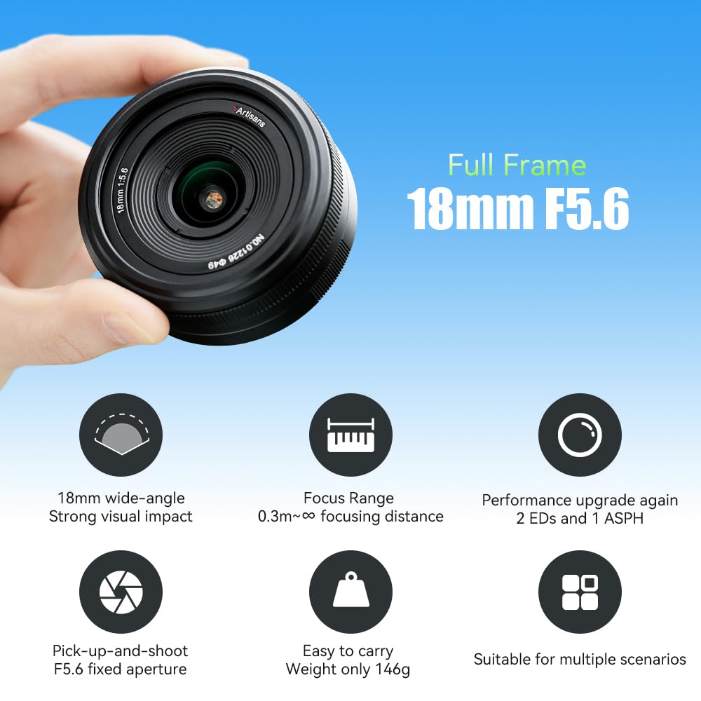 7artisans 18mm Ultra Pancake Lightweight Minimum Focusing Ideal for and Street Photography F5.6 Wide-Angle Lens, Full-Frame Compatible, Lens, (146g),