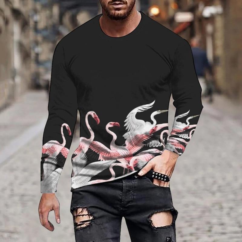 Crane Bird Pattern Beautiful Animals 3D Printed Men's T-shirts Autumn Casual Loose Round Neck Long Sleeves Tops