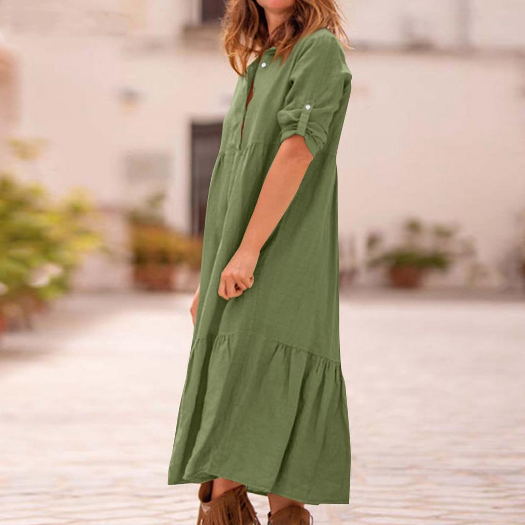 Женская мода в стиле ретро, ​​однотонная хлопковая и льняная длинная классическая рубашка с воротником и пуговицами, повседневная юбка