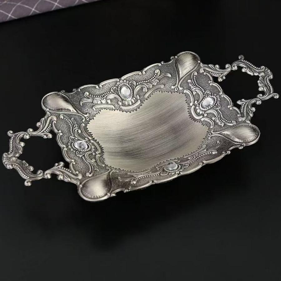 European Fruit Plate,Retro Silver Alloy Handheld Luxury Circular Shape Snack Cake Tray,Candy Disc,Wedding Desktop Decoration