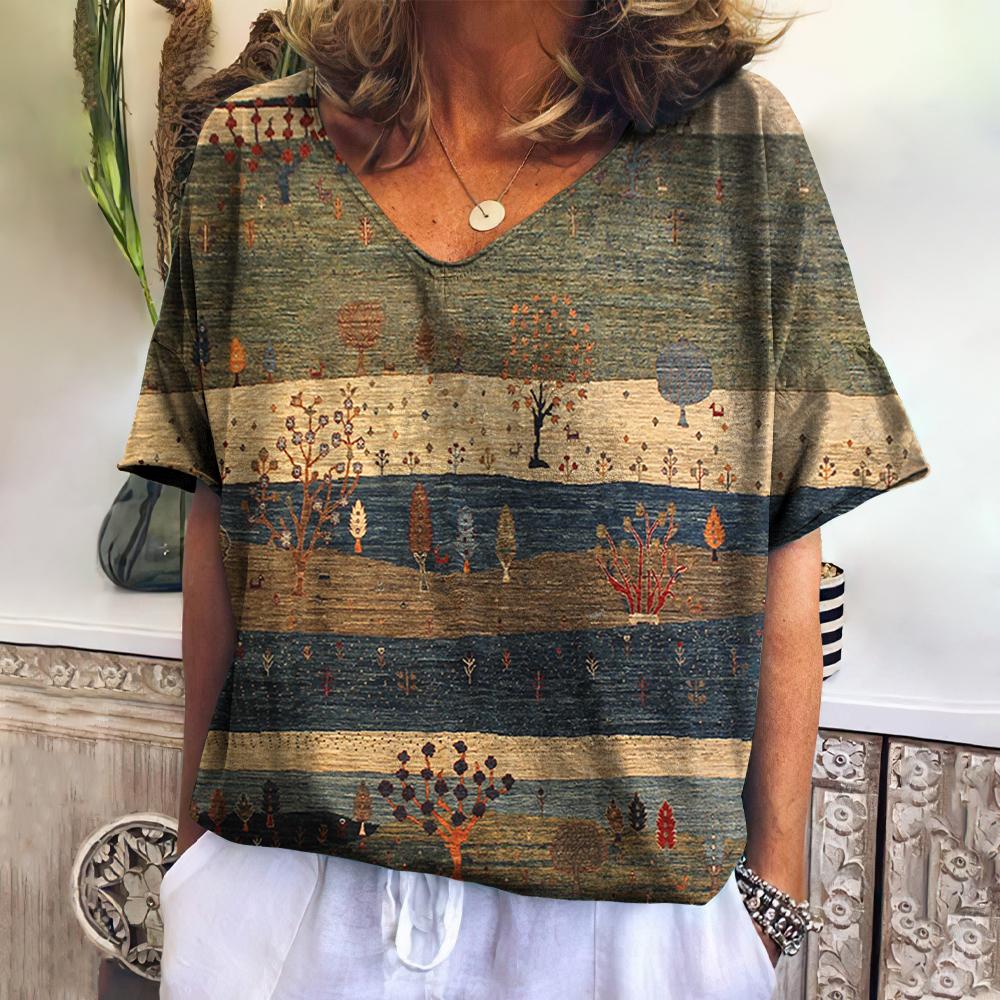 Summer Women's T-shirt Landscape V-neck T Shirt Ladies Fashion Short Sleeve Tops Retro Streetwear Fashion Clothes Female Casual