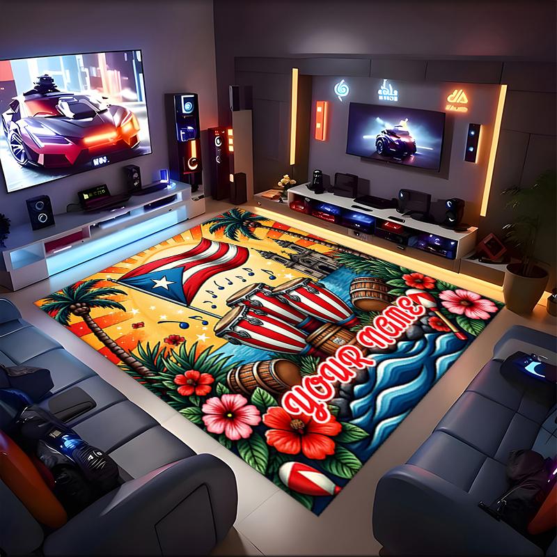 1PC Custom Name Puerto Rican Festival Celebration Theme Floor Mat Ideal for Living Room, Game Rooms, Office, Bedroom,Floor Mat Playful Design